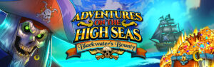 Adventure on the High Seas Blackwater's Bounty game page banner. Features skull-faced Blackwater the pirate, game logo, ocean scene with pirate ship, and treasure chest.