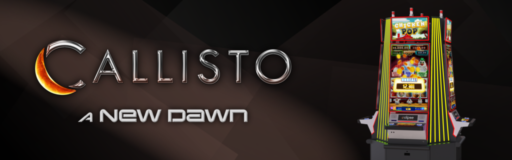 Banner for the Callisto cabinet page. Dark tiled background with a faint warm sweeping light. The Callisto logo followed by the tagline 'A New Dawn'. On the right is one 4 pod Carousel of Callisto cabinets.