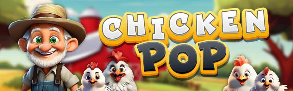 A banner for the Chicken POP game page. Features cartoon chickens and farmer with a barnyard background.