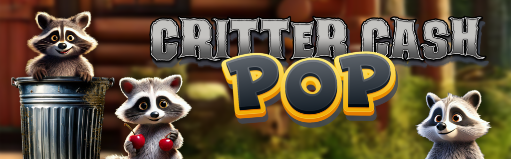 A banner for the Critter Cash POP game page. Features cartoon raccoons, the game logo and a log cabin in the background.