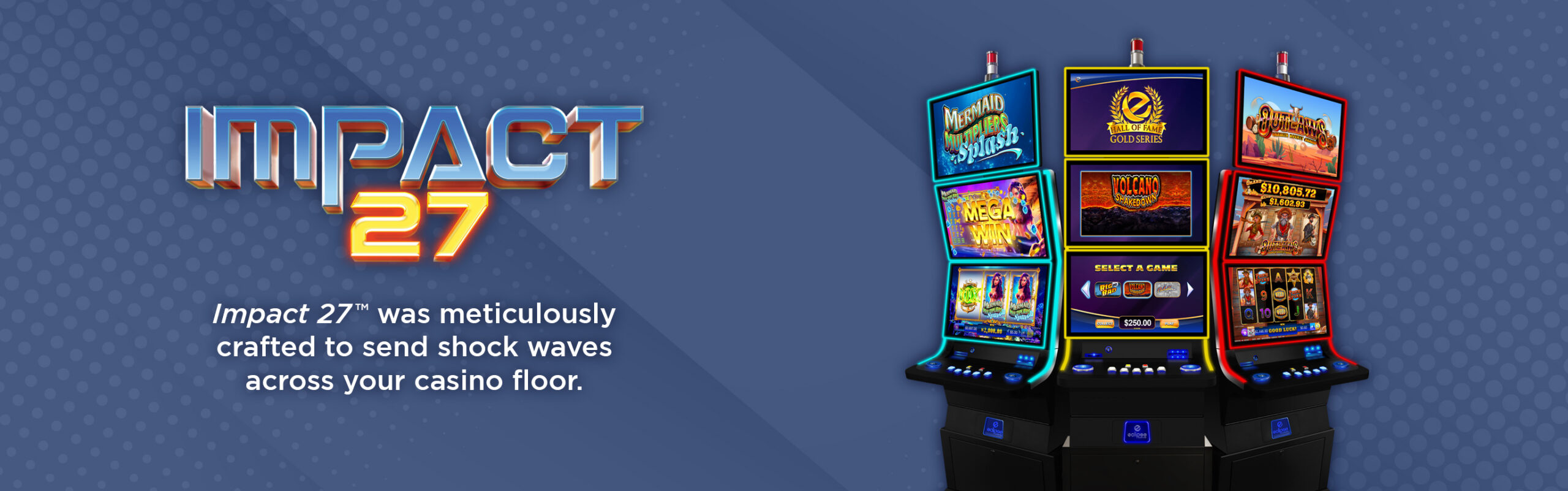 Image of Eclipse Gaming's IMPACT 27 video slot cabinet showing three different games