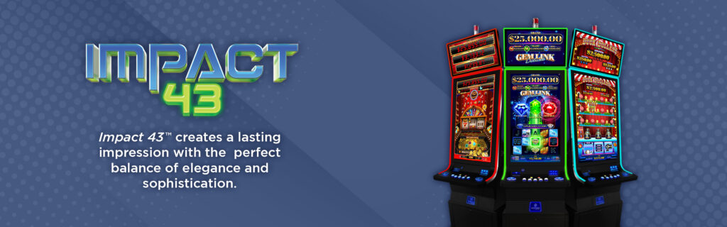 Image of Eclipse Gaming's IMPACT 43 video slot cabinet showing three different games