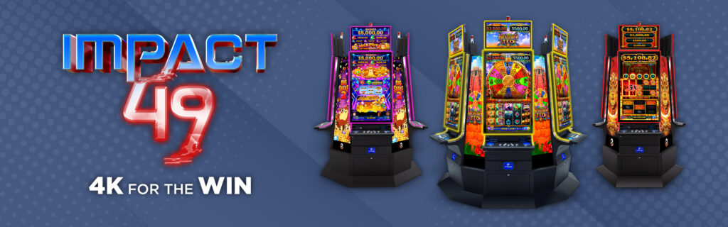 Image of Eclipse Gaming's IMPACT 49 video slot cabinet showing three different games