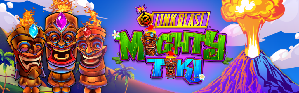 A banner for the Link Blast Mighty Tiki game page. Features a cartoon art style, tropical island theme, volcano, game logo, and bright blue skies.