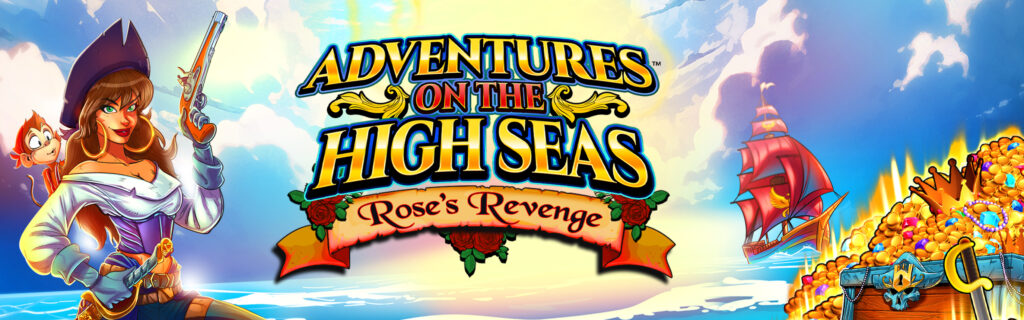 Adventure on the High Seas Rose's Revenge game page banner. Features beautiful Rose the pirate with her monkey sidekick patches, game logo, ocean scene with pirate ship, and treasure chest.