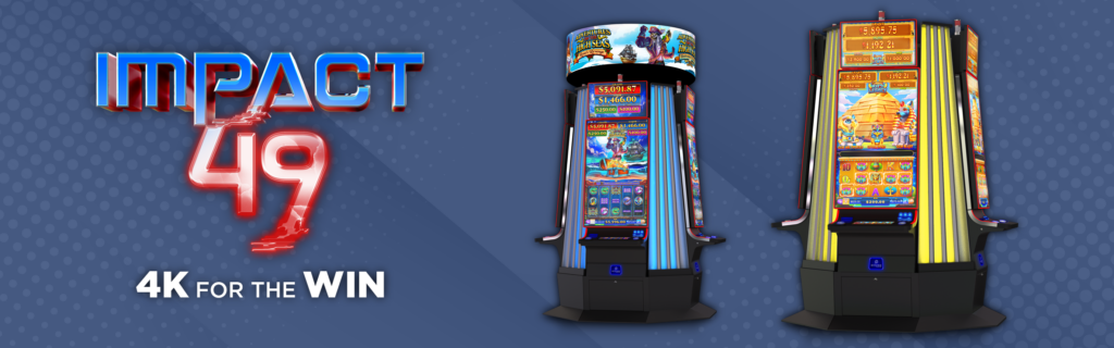 Page banner featuring the IMPACT 49™ logo with two carousels of Eclipse Gaming Systems video slots. Halftone dots on a blue-gray background.